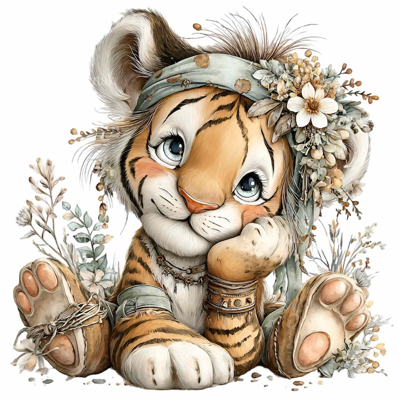 Puede incluir: Ilustraci&oacute;n caprichosa de un cachorro de tigre con una expresi&oacute;n serena. El cachorro est&aacute; adornado con un tocado floral y un pa&ntilde;uelo en la cabeza estampado. Lleva pulseras y un collar. El cachorro est&aacute; rodeado de delicados elementos florales y vegetales.
