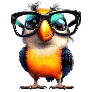 12 imágenes prediseñadas de loros extravagantes: loro de dibujos animados con gafas: arte animal divertido para manualidades y proyectos digitales