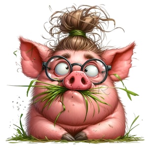 12 grappig varken png-afbeeldingen – varkentje met bril, rommelige knot en gras in de mond – hilarische boerderijdierenkunst
