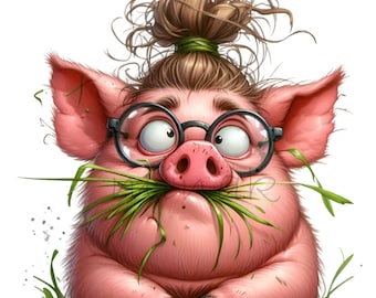 12 imágenes PNG de cerdos divertidos: un lindo cerdo con gafas, moño desordenado y hierba en la boca. Arte de animales de granja divertidísimo.