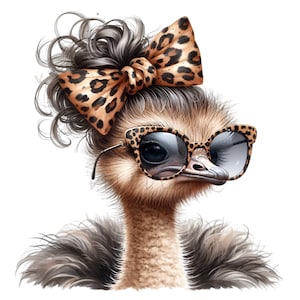 Struisvogel illustraties, 10 PNG rommelig broodje baby struisvogel meisje clipart, grappige dieren clipart, Leopard print Bow kwekerij afdrukbare, DIY kaart maken