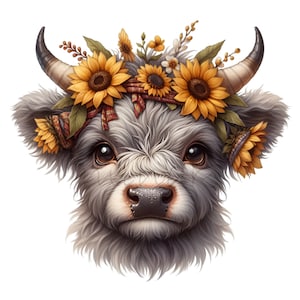 May include: A close-up of a Highland cow with a crown of sunflowers and other wildflowers. The cow has a soft, fluffy coat and big, brown eyes.