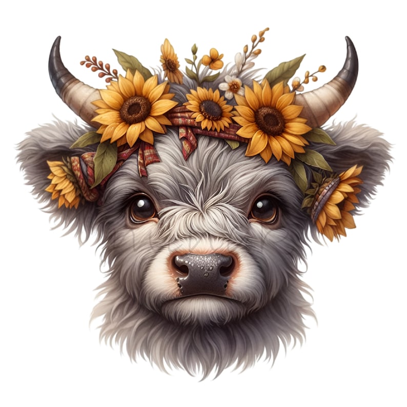 May include: A close-up of a Highland cow with a crown of sunflowers and other wildflowers. The cow has a soft, fluffy coat and big, brown eyes.