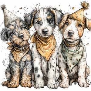 May include: Three adorable puppies wearing party hats and bandanas. The puppies have brown, black, and white fur. Each puppy is wearing a different colored bandana and party hat. The image has a watercolor effect.