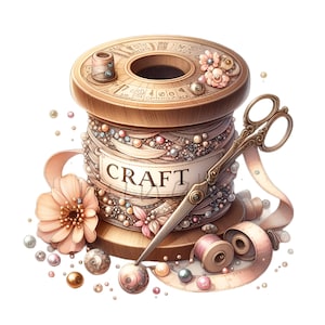 Craft supplies, Spool Treads and Ribbons, 15 PNG Craft Room Cartoon illustration clipart, Printable, Digital Downloads