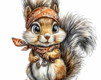 12 ilustraciones PNG de ardilla con bandana: imágenes prediseñadas de animales del bosque, arte de personajes forestales, gráficos de naturaleza para guarderías