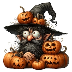 12 Halloween Magier PNG Clipart - Gruseliger Bart Magier mit Kürbisse Digitaler Download für Sublimation und Kunsthandwerk