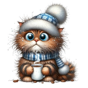 12 PNG Winter kitten clipart – Cute cat with mug PNG – Hot drink animal art for crafts, cards, sublimation, printables, warm seasonal decor