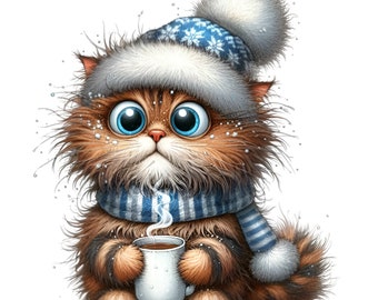 12 PNG Winter Fluffy Cat Clipart, Hot Coffee Mug Kitten