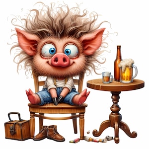 12 Cerditos Divertidos Bebiendo Cerveza PNG Clipart – Lindo Cerdito Peludo con Cabello Loco y Cerveza en la Taberna – Arte Animal de Bar Extravagante