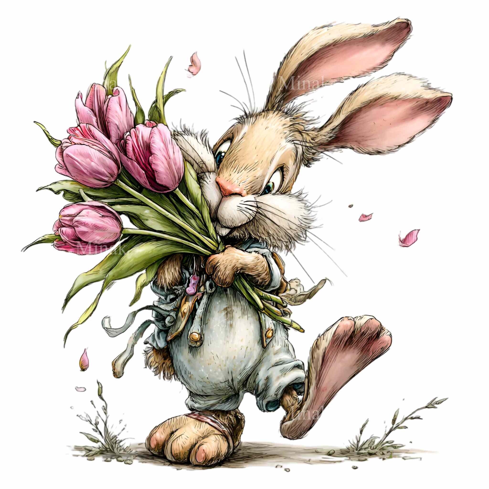 15 PNG Spring Bunny Clipart, Watercolor Rabbit Pink Tulips Floral ...