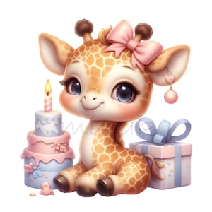 Clipart PNG 14 anniversaire girafe - Joli bébé girafe avec gâteau, cadeau et noeud - Sublimation animal pastel pour décoration de fête d'enfants