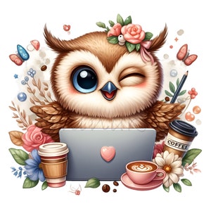 Hibou mignon avec ordinateur portable et café Clipart PNG, 15 illustrations d'animaux, art numérique amusant pour les amateurs de bureau ou de café
