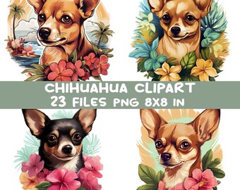 23 PNG Chihuahua Clipart Bundle, Tropical Dog Summer Beach Pet