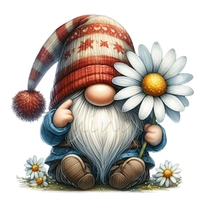 12 niedlicher Gnom PNG mit Daisy PNG Clipart, digitaler Download, entzückender Gnom mit gestreiftem Hut und Blume