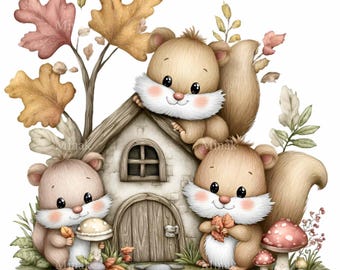 15 PNG Autumn Squirrels Woodland House Fall Mushroom Clipart