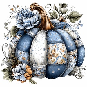 Puede incluir: Ilustraci&oacute;n de una calabaza decorativa con un dise&ntilde;o de patchwork en tonos azules, blancos y marrones. La calabaza presenta patrones florales y est&aacute; adornada con flores azules y naranjas, hojas verdes y un tallo marr&oacute;n. Ideal para la decoraci&oacute;n oto&ntilde;al.