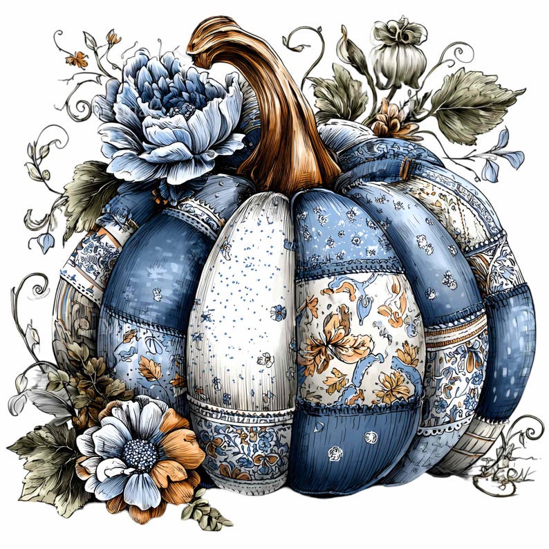 Puede incluir: Ilustraci&oacute;n de una calabaza decorativa con un dise&ntilde;o de patchwork en tonos azules, blancos y marrones. La calabaza presenta patrones florales y est&aacute; adornada con flores azules y naranjas, hojas verdes y un tallo marr&oacute;n. Ideal para la decoraci&oacute;n oto&ntilde;al.