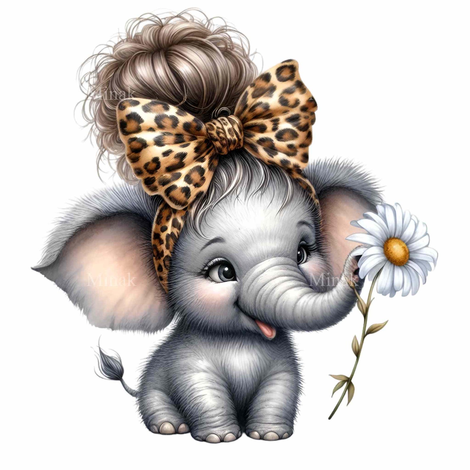 15 PNG Cute Baby Elephant PNG Clipart, Leopard Bow Elephant With Daisy ...