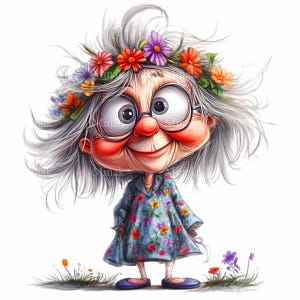 12 lustige Oma PNG Clipart mit Blumenkleid und Blumenkrone - lustiges digitales PNG für Handwerk und Dekor
