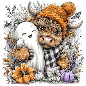 Può includere: Un'illustrazione stravagante di una mucca delle Highlands con un cappello di lana arancione e una sciarpa a quadri bianchi e neri, che abbraccia un fantasma amichevole. Zucca, fiori e un pipistrello completano il design a tema autunnale.