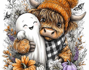 12 PNG Halloween Highland Cow Ghost, Spooky Autumn Clipart