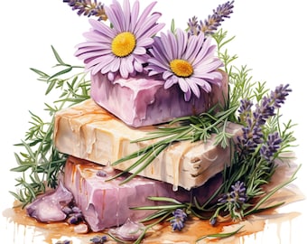 20 PNG Lavender Soap Herbal Watercolor Clipart, Botanical Spa