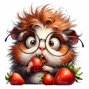 Joli cochon d'Inde avec des lunettes en train de manger des fraises PNG Clipart, 15 adorables cobayes amateurs de fruits art numérique
