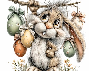 15 imagens PNG de coelho da Páscoa, coelho em aquarela com ovos em tons pastel, tema primavera, para sublimação em berçário.