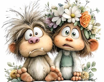 15 imágenes prediseñadas PNG de monstruos de bosques florales y criaturas caprichosas, pareja divertida
