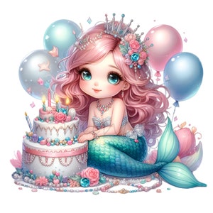 Clipart sirène, clipart gâteau d'anniversaire, 14 PNG aquarelle conte de fées Clip Art, décoration de chambre d'enfant imprimable, couleurs pastel bricolage fabrication de cartes