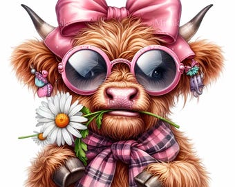 12 PNG Highland Cow Clipart Pink Bow Sunglasses Floral Illustration, Nursery Decor Scrapbook Sublimation