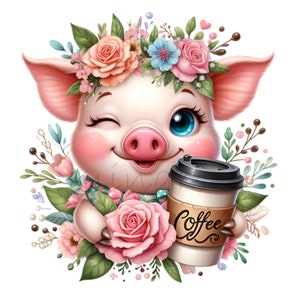 14 lindos cerditos de café PNG con corona floral y rosas para sublimación, decoración infantil, diseño de tazas y decoración de animales de granja.