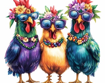 15 Funny Chicken PNG Clipart with Sunglasses, Floral Crowns, and Beads – Colorful Party Hen Trio Digital Art