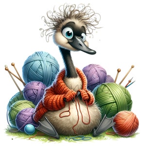 12 strickende Gans Clipart PNG, wunderliche Gans mit Garn und Nadeln, niedlicher Handwerksvogel digitaler Download zur Sublimation