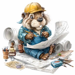 Peut inclure: Illustration d'un castor de dessin animé portant un casque jaune et une salopette bleue, concentré sur des plans d'architecte. Le castor tient un crayon, entouré de plans roulés, de crayons et d'un petit livre.