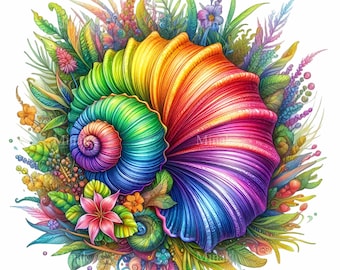 10 imagens PNG de conchas do mar em arco-íris, caracóis espirais vibrantes e flores coloridas do oceano.