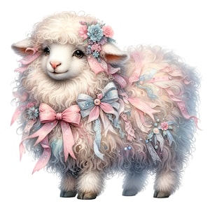 Clipart floral mignon d'agneau, 10 adorables moutons avec des noeuds et des fleurs, PNG art numérique pastel pour travaux manuels et décoration
