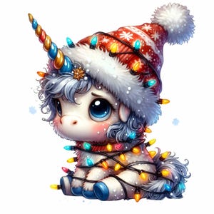11 imágenes PNG de unicornios navideños: un adorable bebé unicornio con gorro de Papá Noel envuelto en luces. Sublimación navideña para tarjetas y regalos de invierno.