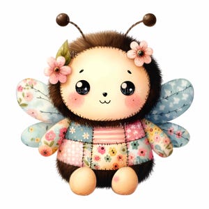 May include: A whimsical illustration of a plush bee with a smiling face, large eyes, and floral accents. The bee has a brown fuzzy body, patchwork floral patterned wings and a patchwork floral patterned dress. The bee has two small antennae and two pink flowers.