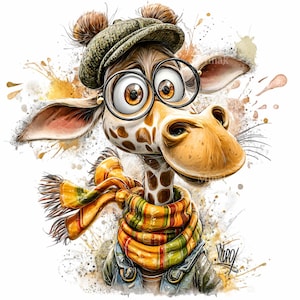 Può includere: Un'illustrazione stravagante di una giraffa con un cappello verde con pompon, occhiali rotondi e una sciarpa colorata. La giraffa indossa una giacca di jeans e ha un'espressione sorpresa. Schizzi di acquerello aggiungono allo stile artistico.