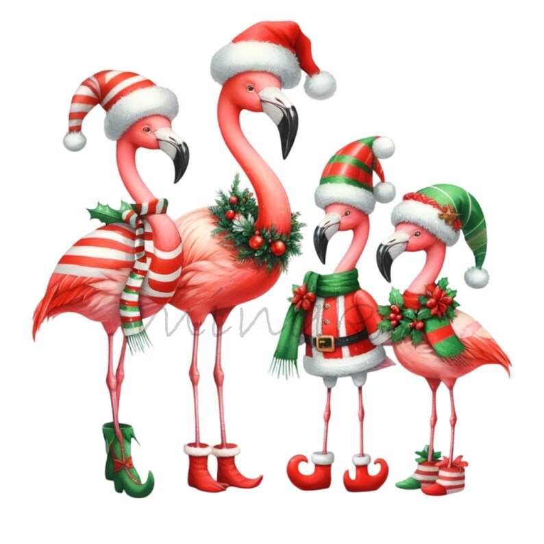 May include: Watercolor illustration of four pink flamingos dressed for Christmas. Each flamingo wears a Santa hat, and some have scarves, holly, and elf-like outfits. The image has a festive, holiday theme.