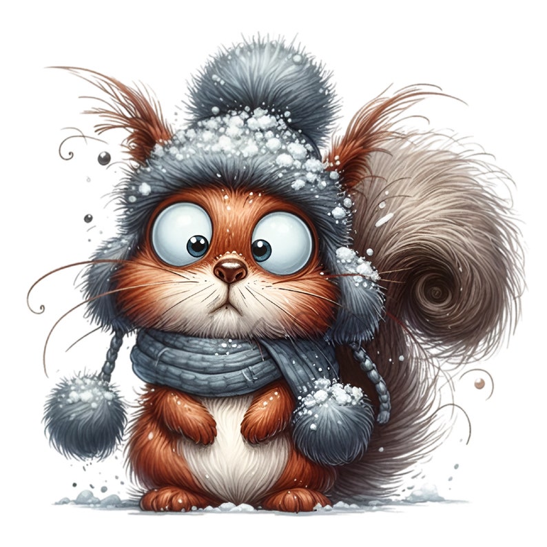 May include: A cartoon squirrel wearing a blue and white winter hat and scarf with a fluffy tail. The squirrel has big, round eyes and a surprised expression. The hat and scarf are covered in snow.
