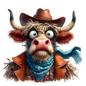 14 PNG Lustige Cowboy Bull Clipart, Cartoon Highland Kuh PNG, Western Kuh mit Hut und Bandana, Bauernhof Tier Humor Kunst