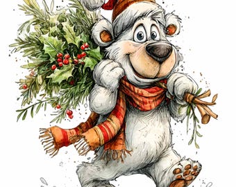 15 Eisbär-Weihnachtsbaum-PNGs, Winterliche Weihnachts-Sublimationskunst, Verspielte Waldmotive