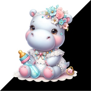 May include: A charming cartoon hippo in a white dress with a floral headband and a baby bottle. The hippo is light blue with pink accents on its cheeks and feet. It sits on a pink lace mat with a gold rattle.