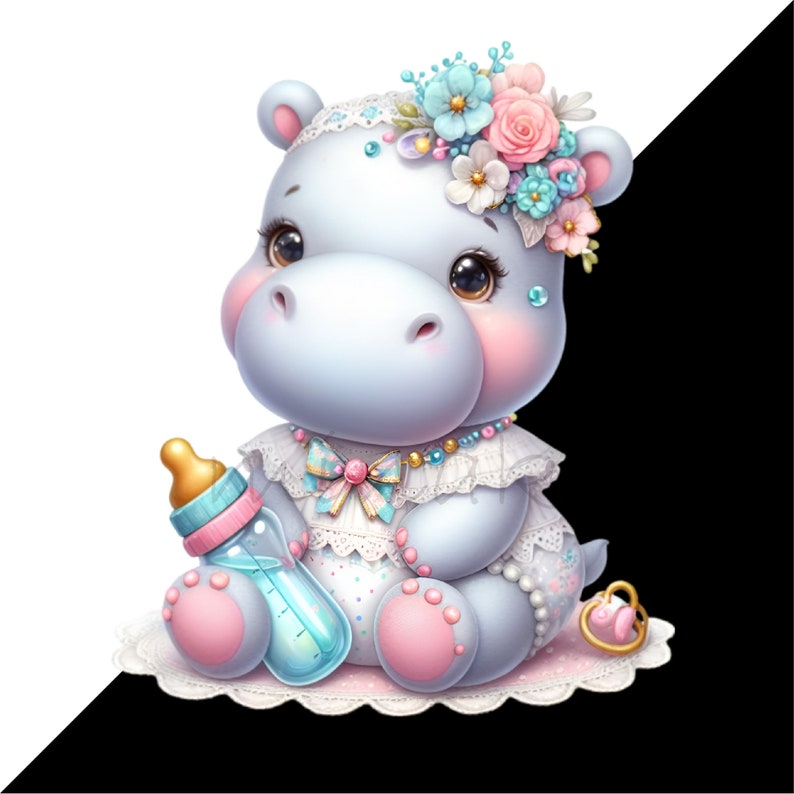 May include: A charming cartoon hippo in a white dress with a floral headband and a baby bottle. The hippo is light blue with pink accents on its cheeks and feet. It sits on a pink lace mat with a gold rattle.