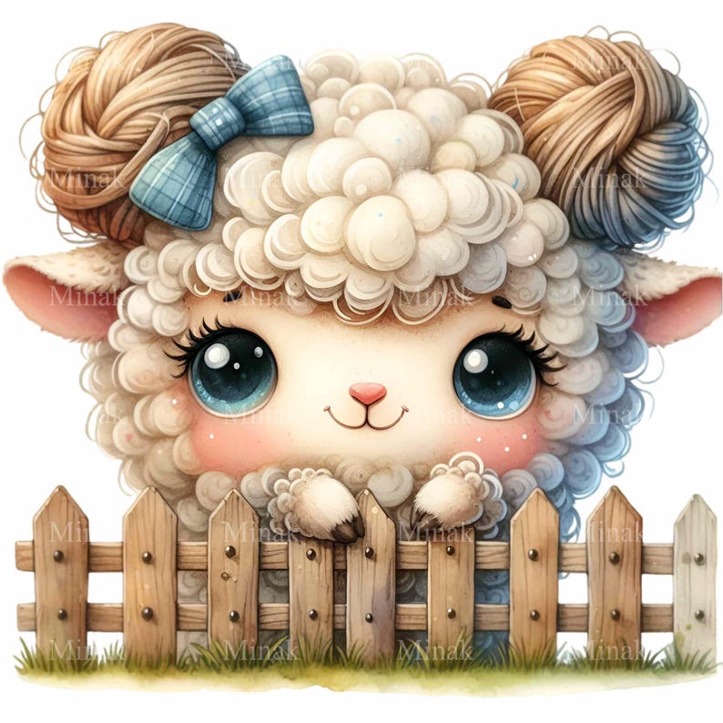 May include: A white fluffy lamb with brown and white hair bows peeking over a wooden fence. The lamb has big blue eyes and a sweet smile.