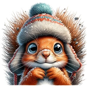 May include: A cute cartoon squirrel wearing a red and white winter hat with a blue pom-pom. The squirrel has big brown eyes and a fluffy tail.