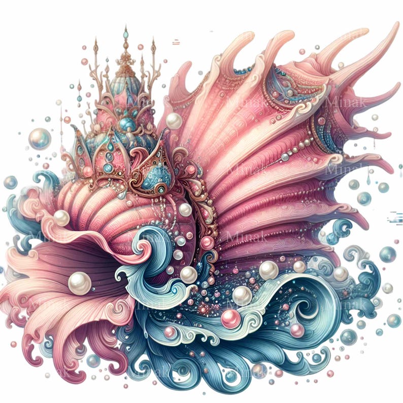 May include: A pink seashell with a gold crown and pearl accents, surrounded by blue and white waves and pearls.